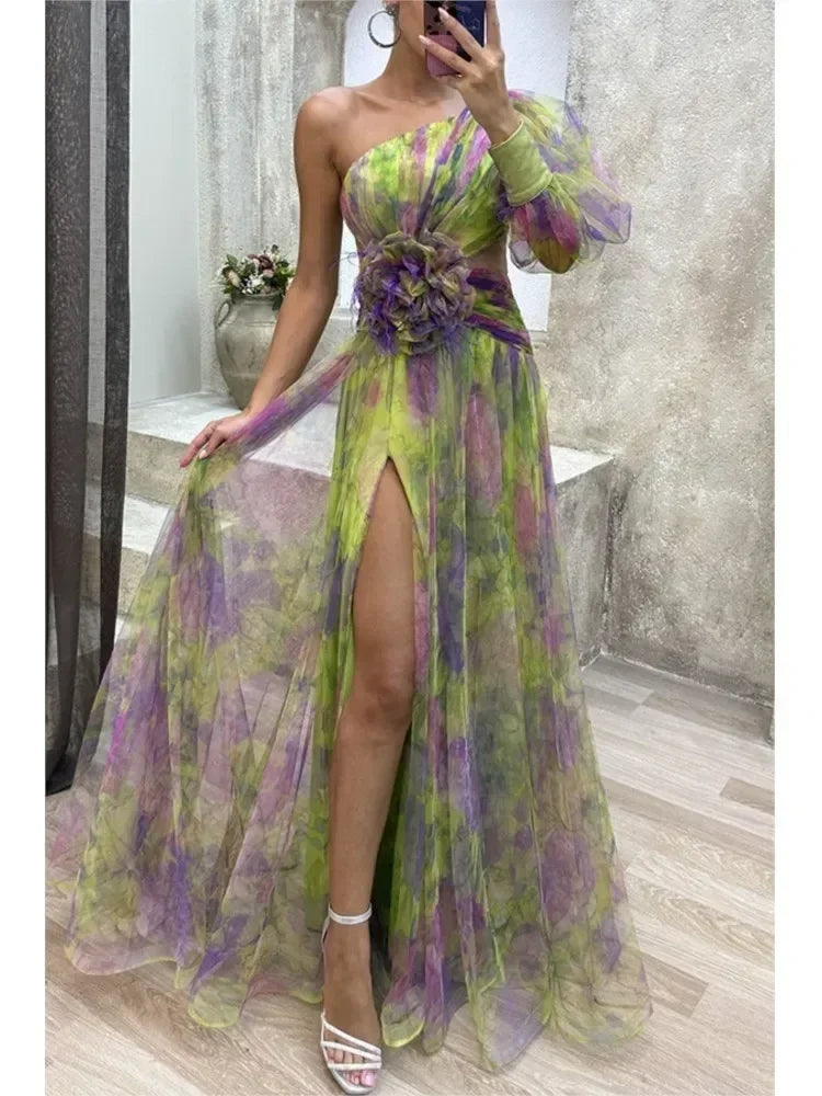 Robe longue en maille fendue haute à glissière asymétrique à épaule dénudée pour femme, robe de soirée à fleurs décoratives