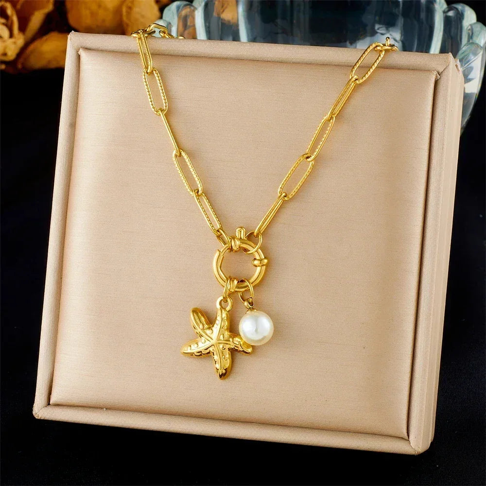 DIEYURO Collier pendentif étoile de mer perle en acier inoxydable 316L doré style océanique, nouveau bijou de chaîne de cou pour femme, cadeau d'été sur la plage