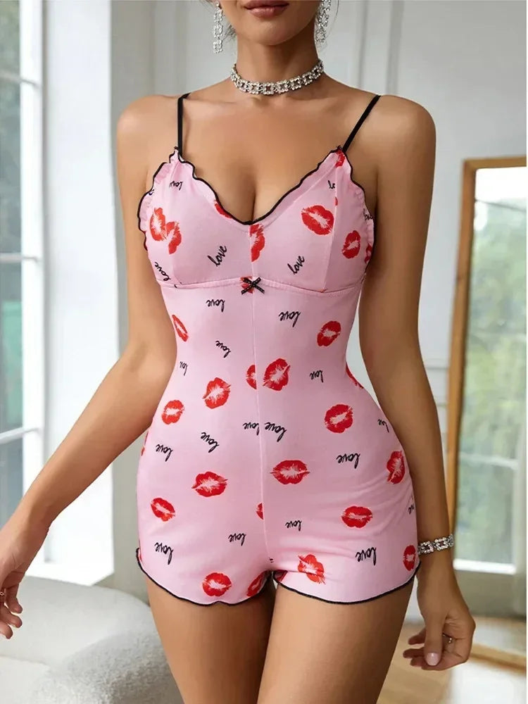 Pyjama une pièce pour femme, pyjama à lèvres rouges imprimées, sans manches, barboteuse courte, pyjama amusant pour adultes, col en V, bretelles, body