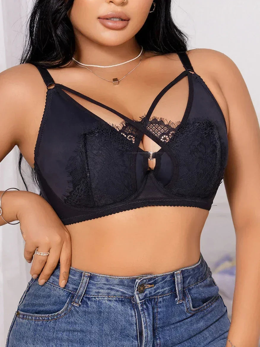 Lingerie grande taille pour femme, bonnets à demi-coupe, push-up à fronces, fermeture avant boutonnée, dentelle croisée, convient aux femmes pulpeuses XL-XXXL MR2895