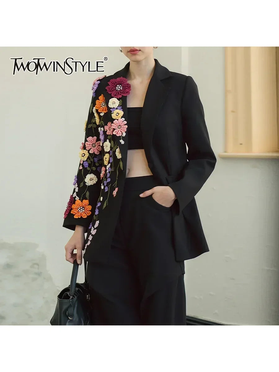 TWOTWINSTYLE Blazers tendance femme avec applications de couleur contrastée Revers Manches longues Patchwork Perles Blazer Femme de tempérament
