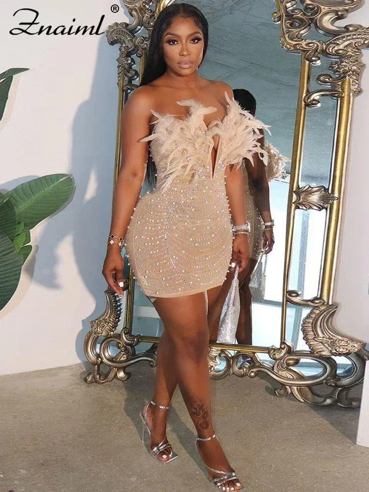Znaiml Robes moulantes dos nu transparentes en maille diamantée avec strass et plumes sexy pour femme, boîte de nuit, fête d'anniversaire, soirée, Vestidos