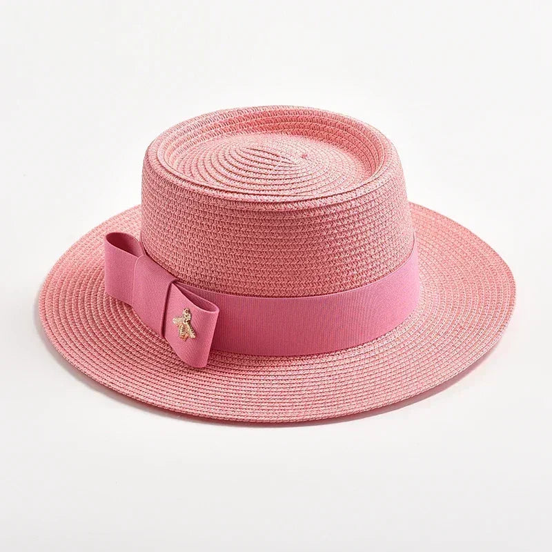 NOUVEAUX Chapeaux de paille Printemps Été pour femmes Surface ronde bosselée Dessus plat Nœud Papillon Robe Casquette Voyage Plage Soleil Chapeau Gorra