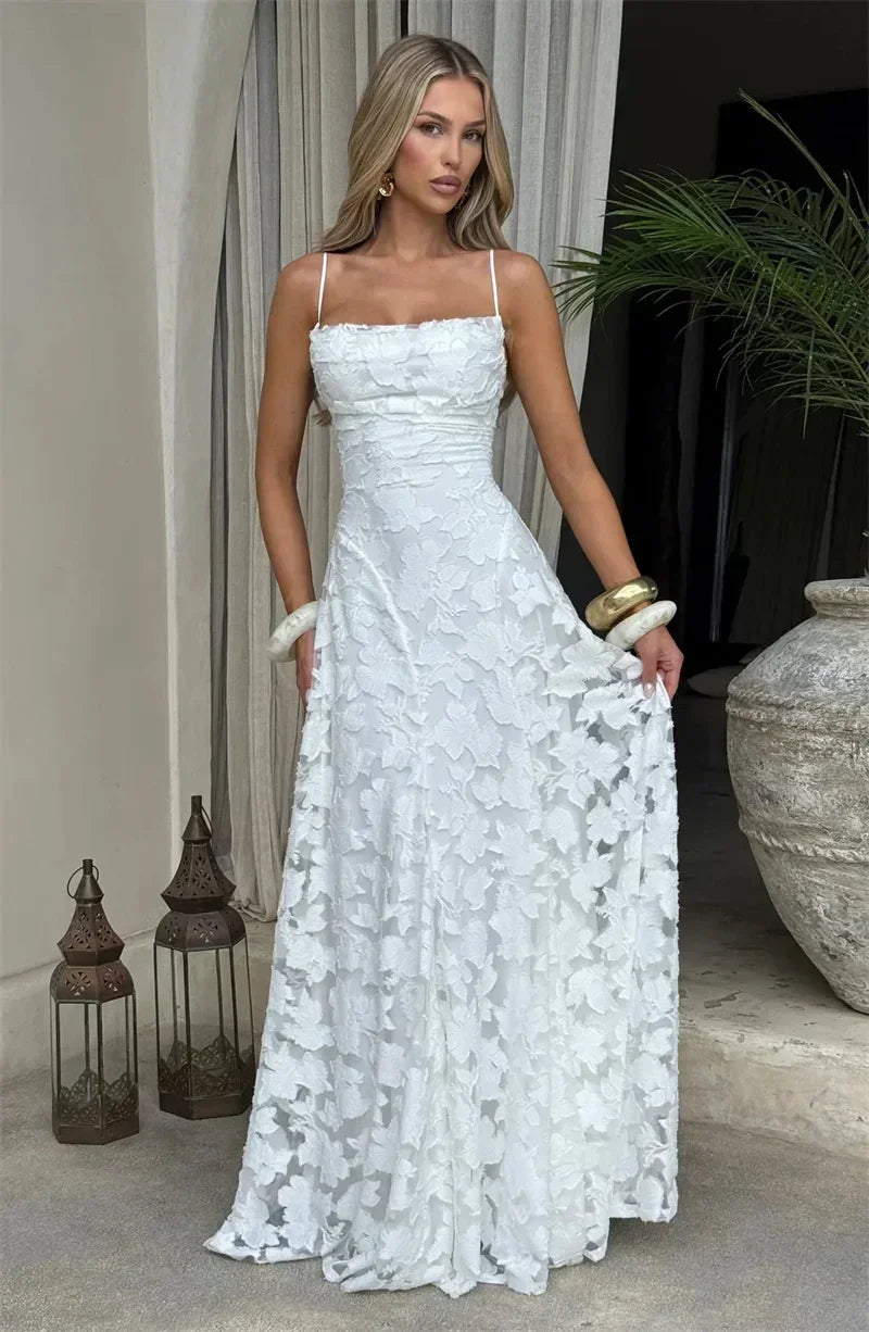Mozision Robe longue sexy dos nu à fines bretelles pour femme, robe de soirée élégante épaules dénudées sans manches avec lacets pour club et soirée