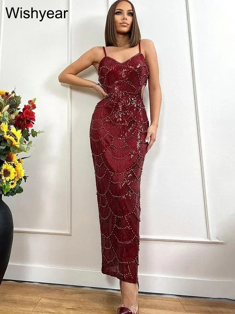 Nouvelles robes longues sirène dos nu à fines bretelles et à paillettes pour femmes, élégantes, pour soirées de célébrités, mariages, robes moulantes