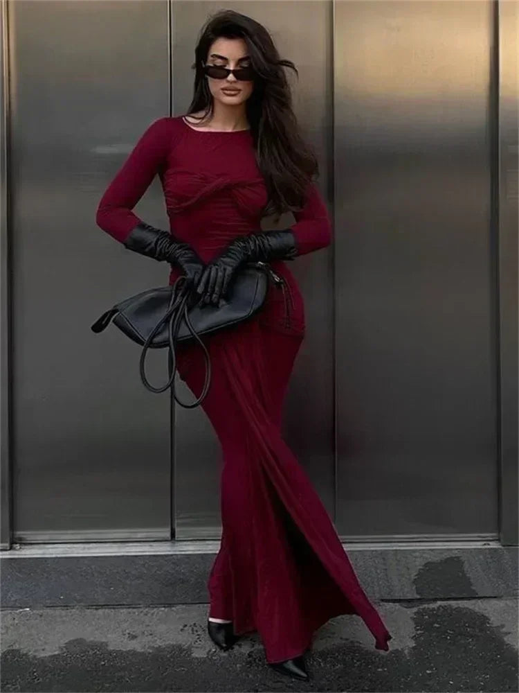 Robe longue plissée sexy pour femme Tossy, patchwork torsadé, coupe ajustée, manches longues, couleur unie, style Y2K, streetwear d'automne, robe moulante pour femme.
