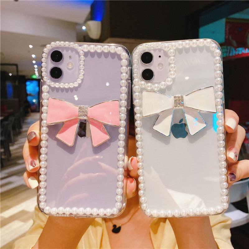 Mignonne Coque de Téléphone Élegante Anti-chute en Perles et Nœud 3D pour iPhone 11 12 13 Pro Max 7 8 Plus Xr X Xs Se, Coque de Téléphone Idéale avec Chaîne de Perles et Nœud pour iPhone
