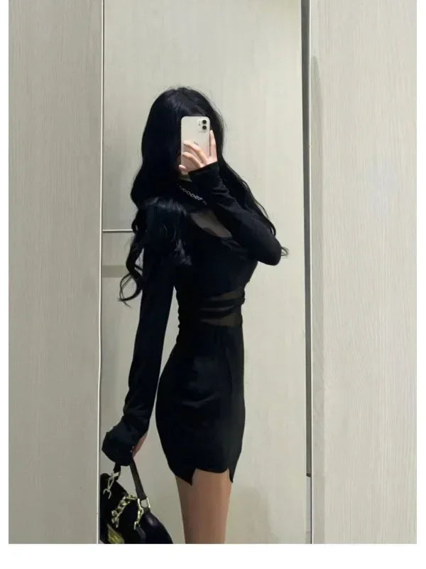 Robe trapue avec manches, nouvelle robe sexy noire à arêtes de poisson, robe moulante personnalisée pour femmes, gaze fine transparente enveloppant les fesses F8Q3