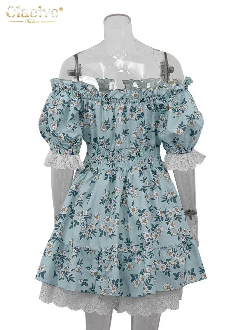 Clacive Robe d'été mince imprimée pour femme, à la mode, col slash, manches courtes, mini robes élégantes, taille haute, patchwork, robe féminine