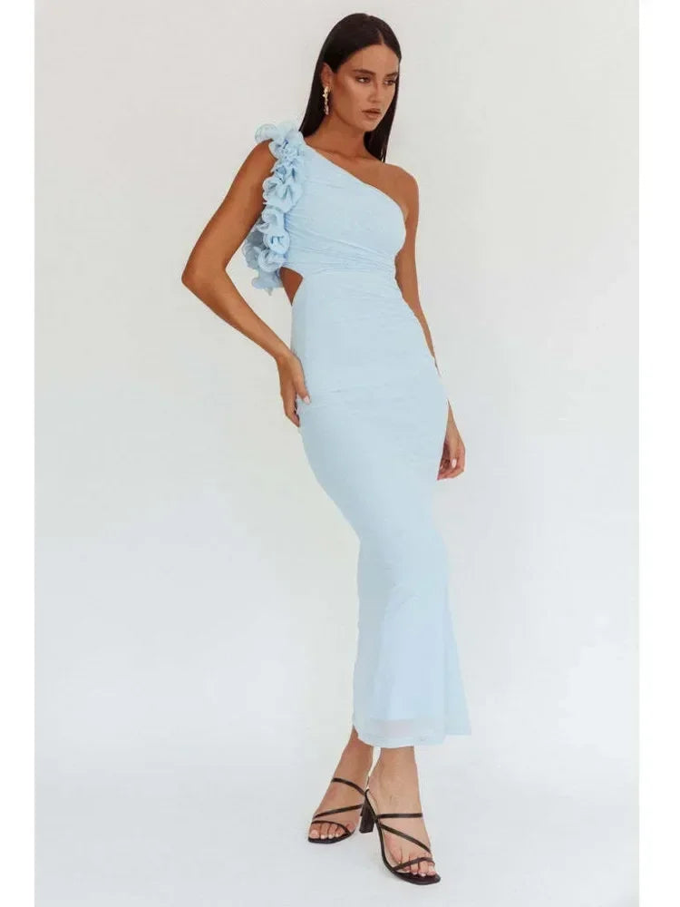 Articat Robe de soirée moulante asymétrique à fleurs pour femme, sexy, dos nu, coupe slim, printemps/été 2025
