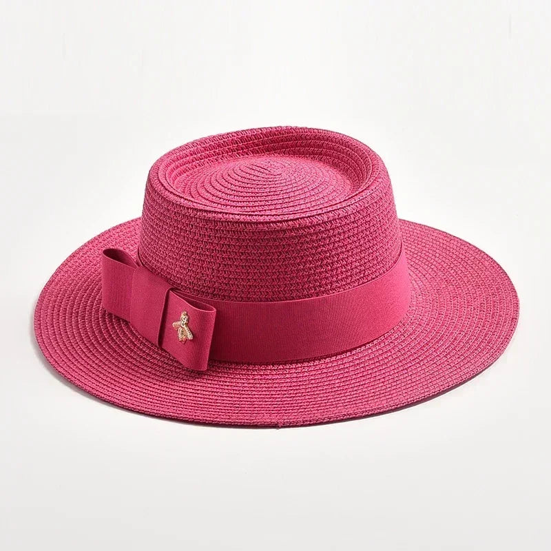 NOUVEAUX Chapeaux de paille Printemps Été pour femmes Surface ronde bosselée Dessus plat Nœud Papillon Robe Casquette Voyage Plage Soleil Chapeau Gorra