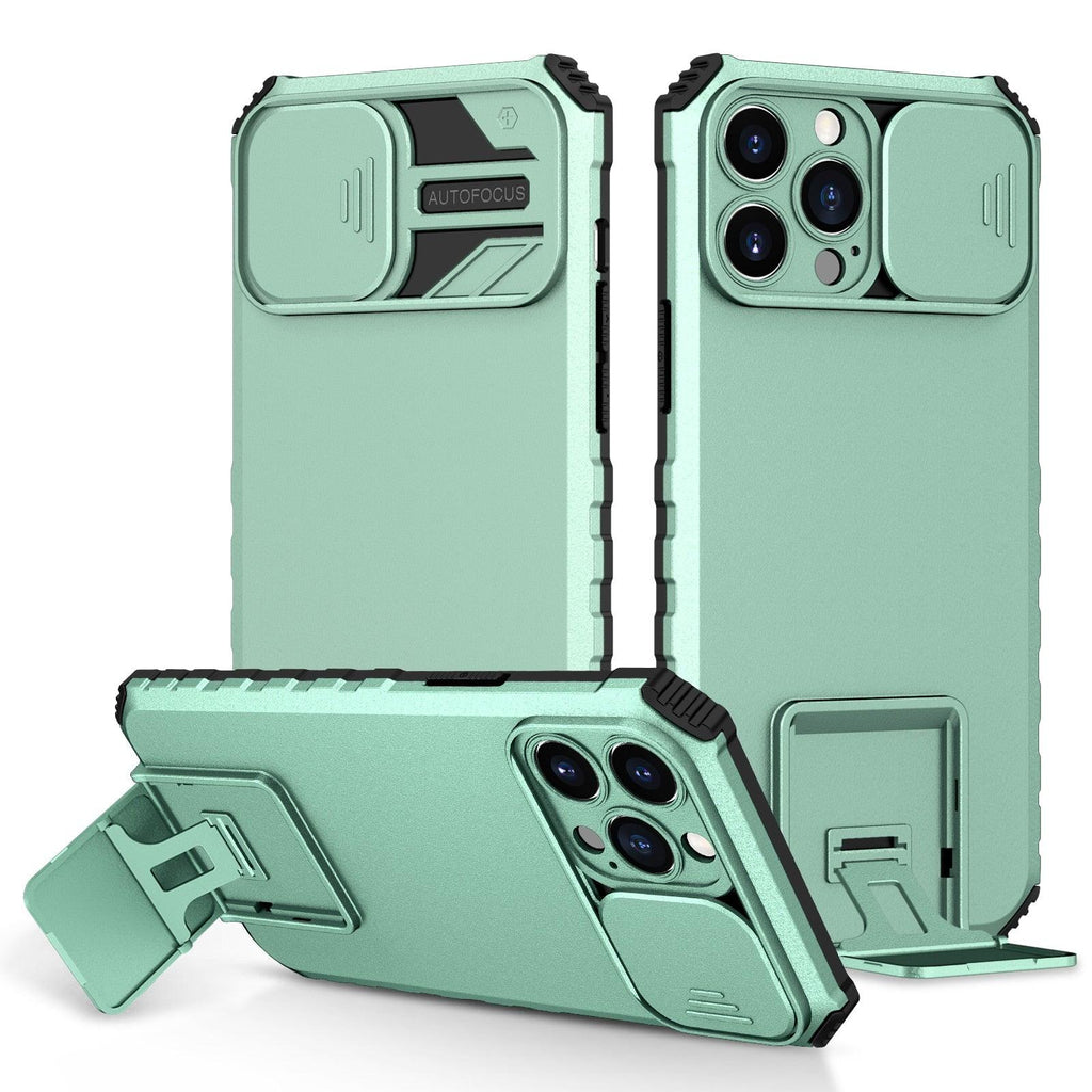 Étui antichoc bleu avec support réglable pour iPhone 14 13 12 11 Pro Max, avec protection coulissante pour appareil photo et béquille, protection antichoc, design moderne pour iPhone