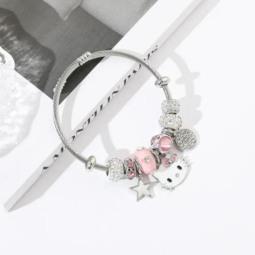 Parure de bijoux tendance incrustés de strass, motif dessin animé mignon Hello Kitty, 2 pièces/ensemble, convient pour le quotidien, idéal comme