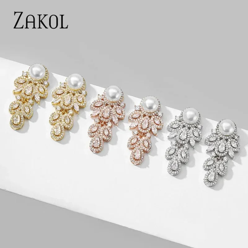 ZAKOL Nouvelle Mode CZ Zircon Cristal Feuille Dangle Boucles d'Oreilles pour Femmes Luxe De Mariage De Mariée Partie Bijoux