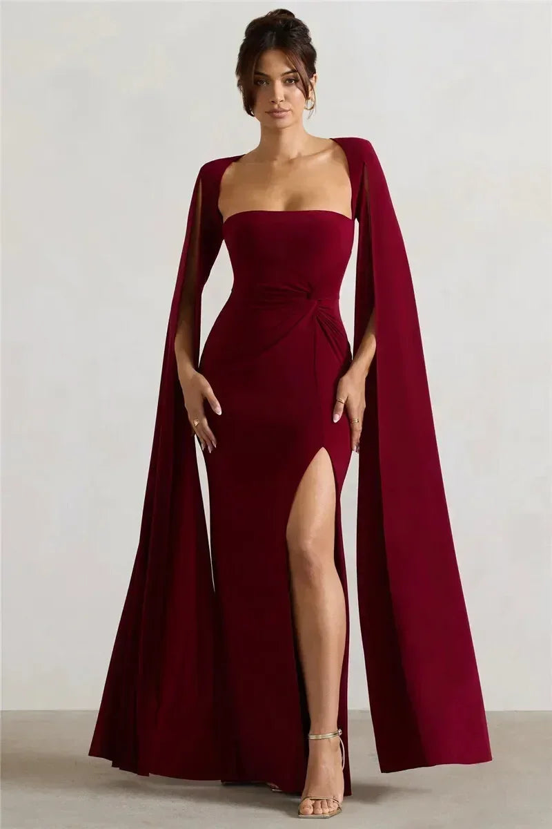 Mozision Robe longue fendue à manches cape pour femme, élégante robe de soirée longue à col carré, couleur unie, nouvelle collection