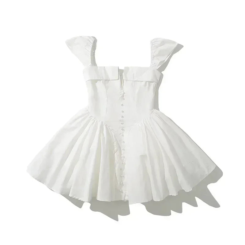 YENKYE Robe d'été blanche courte et évasée pour femme, sexy, à manches courtes, taille basse, élégante, pour soirée, demoiselles d'honneur