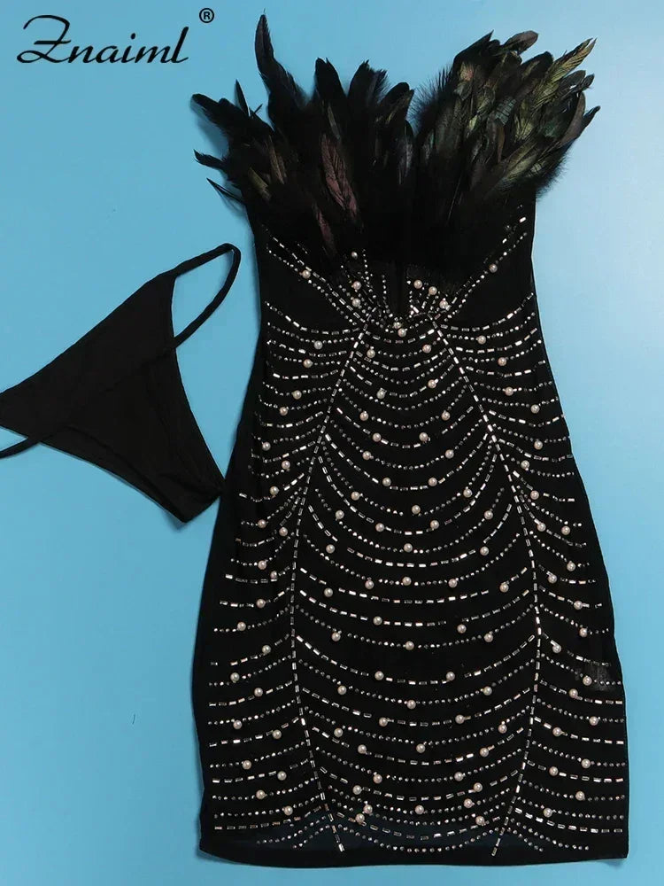 Znaiml Robes moulantes dos nu transparentes en maille diamantée avec strass et plumes sexy pour femme, boîte de nuit, fête d'anniversaire, soirée, Vestidos