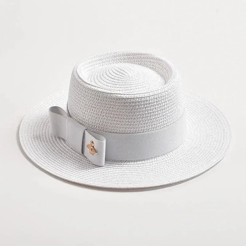 NOUVEAUX Chapeaux de paille Printemps Été pour femmes Surface ronde bosselée Dessus plat Nœud Papillon Robe Casquette Voyage Plage Soleil Chapeau Gorra