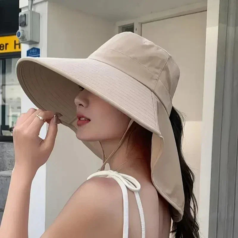Nouveau chapeau de soleil queue de cheval avec grand bord visière protection cou femme chapeau de pêcheur chapeau d'extérieur