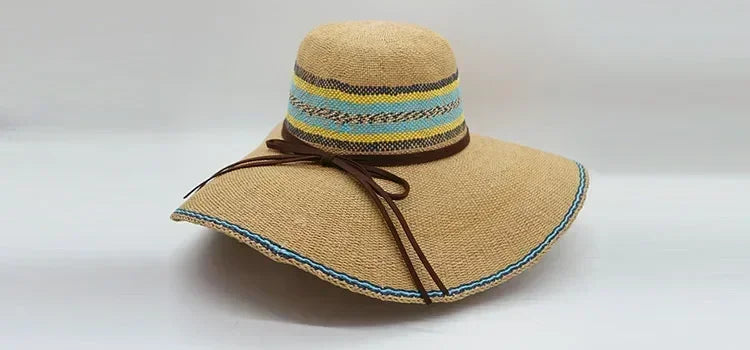Chapeau de Paille Femme à Large Bord avec Mentonnière Chapeau de Soleil d'Été Anti-UV Chapeau de Plage avec Cordon Coupe-Vent Chapeau de Voyage UPF Derby