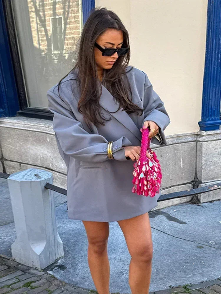 Veste de costume col V boutonnée sur le côté pour femme Manches longues couleur unie Manteaux Poignets poches Hauts oversize Vêtements féminins style urbain