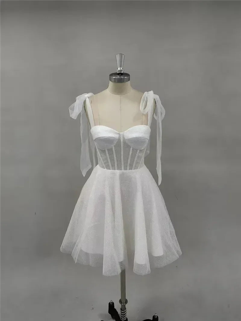 Robe de mariée courte Smileven, coupe trapèze, bustier cœur, paillettes brillantes, mini-nœuds, bretelles, Vestido de novia 2024, personnalisée