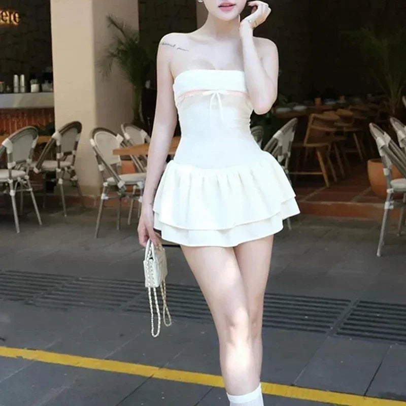 WhereMery Robe mini-robe coréenne sexy Y2K sans manches avec nœud en dentelle, décontractée, pour l'été, robe débardeur, pour discothèque, fête, soirée