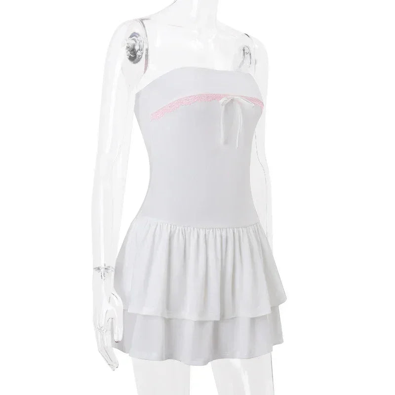WhereMery Robe mini-robe coréenne sexy Y2K sans manches avec nœud en dentelle, décontractée, pour l'été, robe débardeur, pour discothèque, fête, soirée