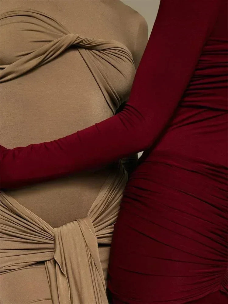 Robe longue plissée sexy pour femme Y2K, robe moulante de rue d'automne, robe patchwork torsadée à manches longues unies pour femme