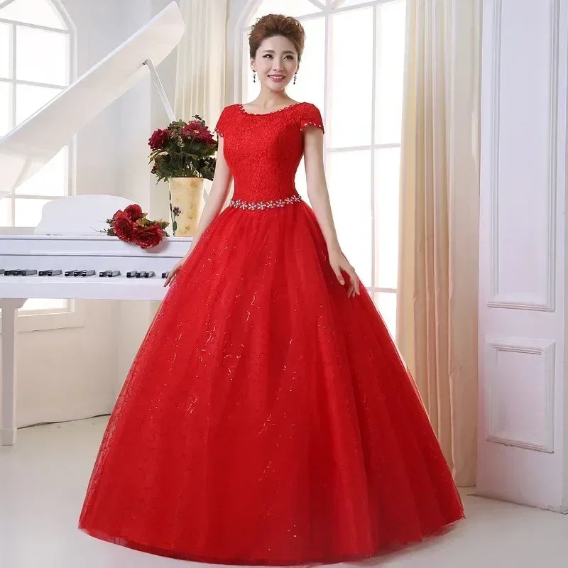 Robe de mariée grande taille, photo réelle, rouge, blanche pure, dentelle, col rond, paillettes, robes de mariée pas cher, robes de princesse, HS587
