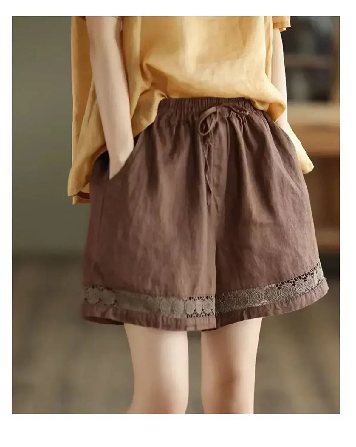 Short en coton et lin vintage taille haute élastique avec ceinture à nouer, brodé ajouré et coupe droite décontractée