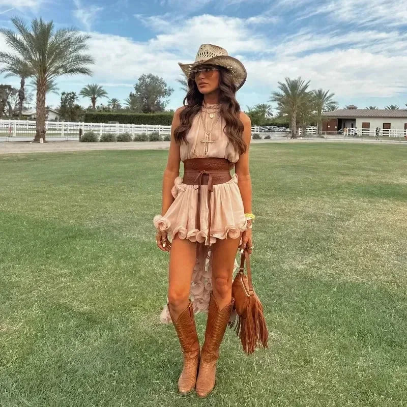 Ensemble élégant jupe courte à volants Femme Sans manches Col bénitier Top à volants irréguliers Mini-jupe courte ample Ensembles d'été 2025 Tenue Femme