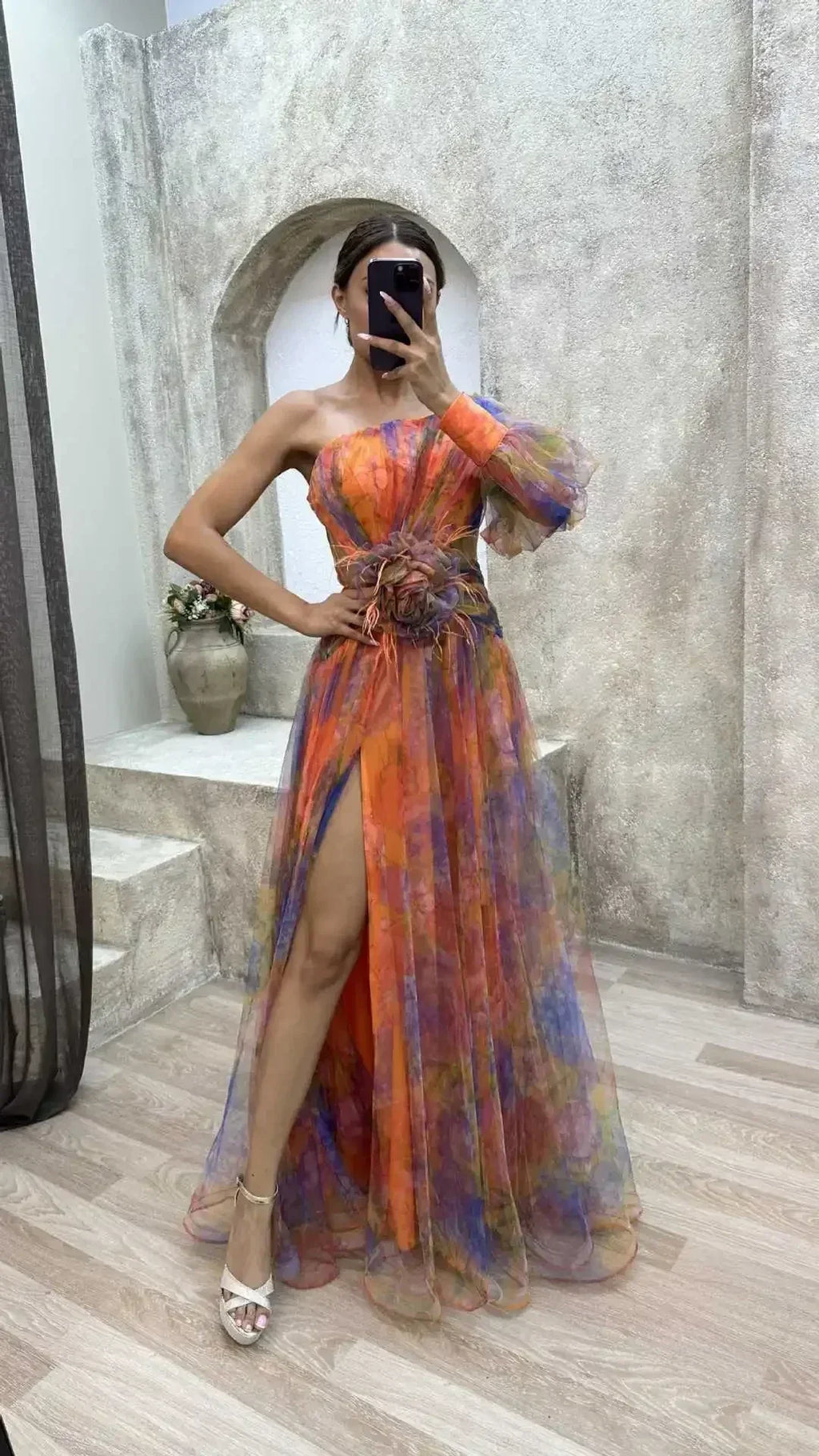 Robe longue en maille fendue haute à glissière asymétrique à épaule dénudée pour femme, robe de soirée à fleurs décoratives