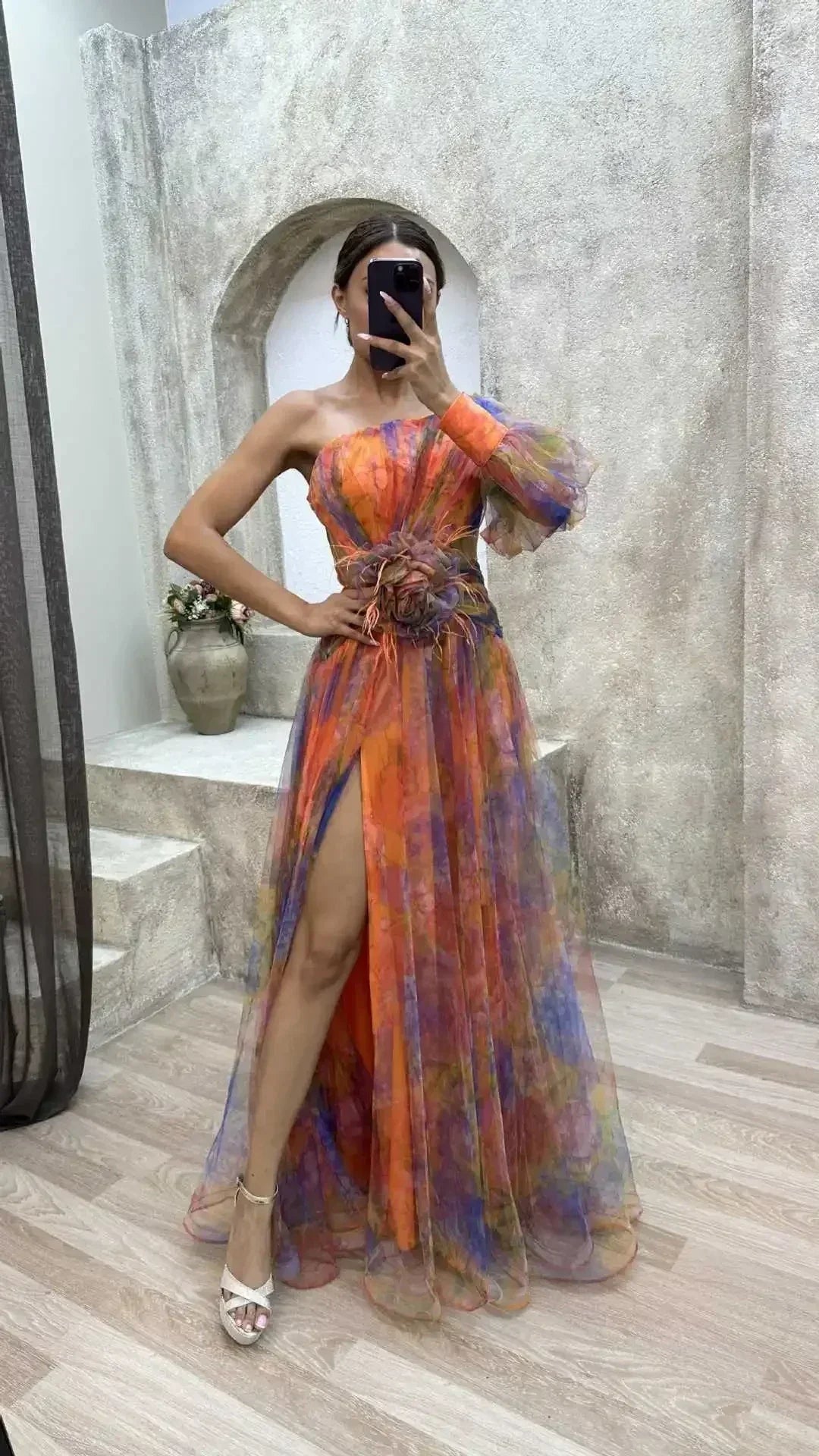 Robe longue en maille fendue haute à glissière asymétrique à épaule dénudée pour femme, robe de soirée à fleurs décoratives