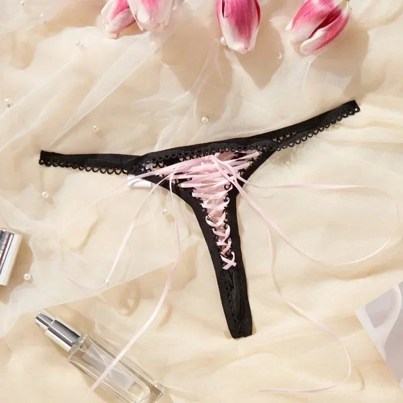 Dames Super Sexy String Lacé Lingerie Noir Bretelle Bordure Crochet Rose Bandage String Lacé Culotte Sexy Ouvert Érotique G-Strings