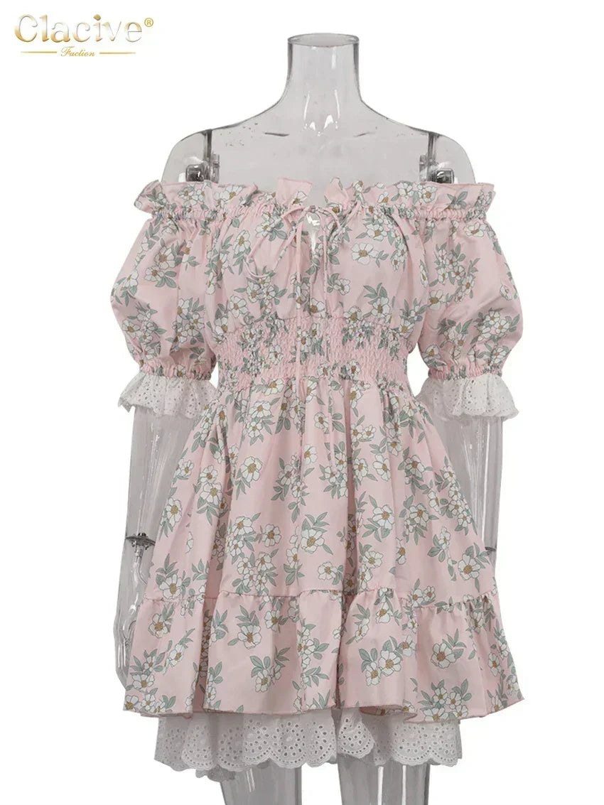 Clacive Robe d'été mince imprimée pour femme, à la mode, col slash, manches courtes, mini robes élégantes, taille haute, patchwork, robe féminine