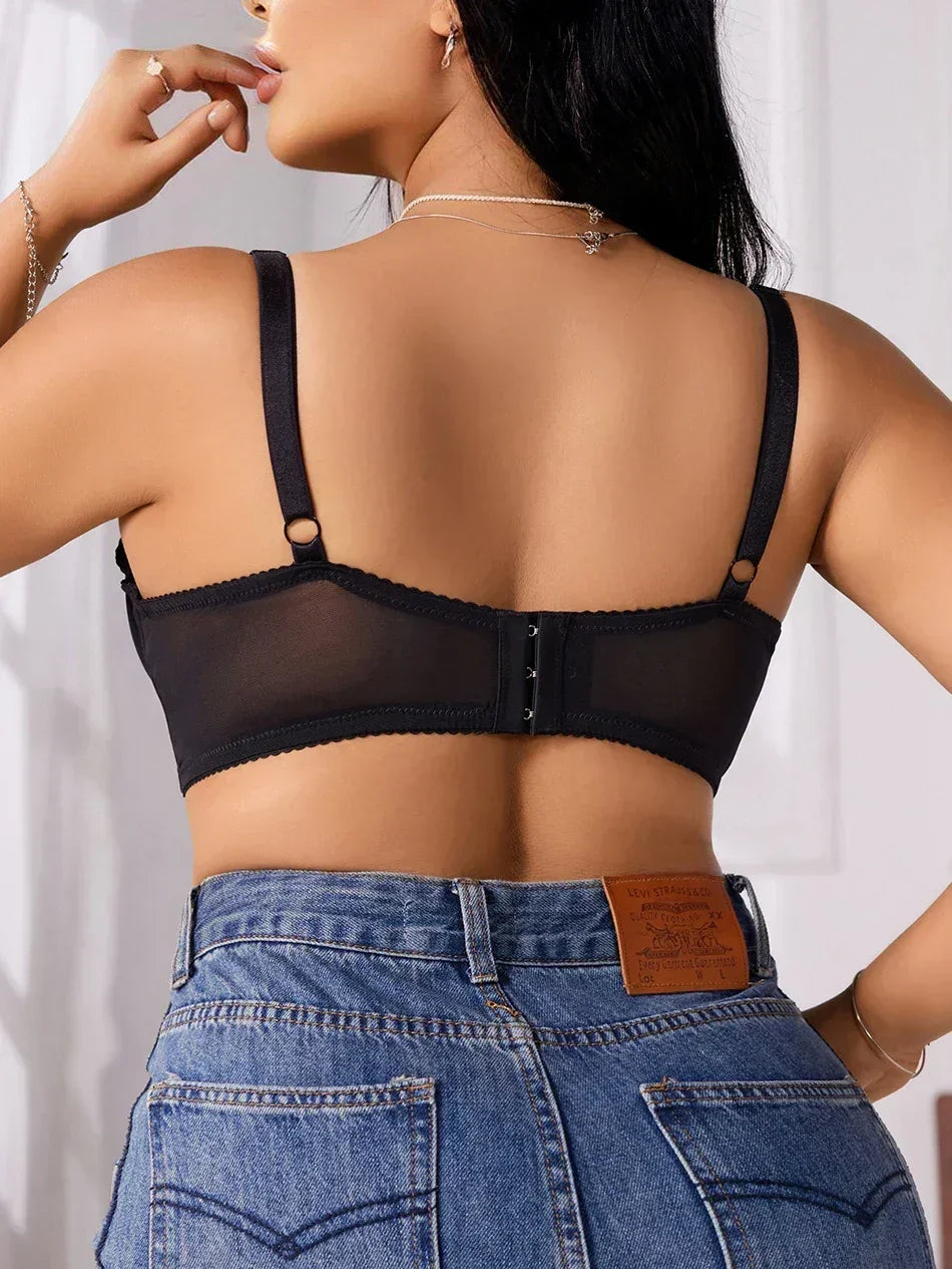 Lingerie grande taille pour femme, bonnets à demi-coupe, push-up à fronces, fermeture avant boutonnée, dentelle croisée, convient aux femmes pulpeuses XL-XXXL MR2895