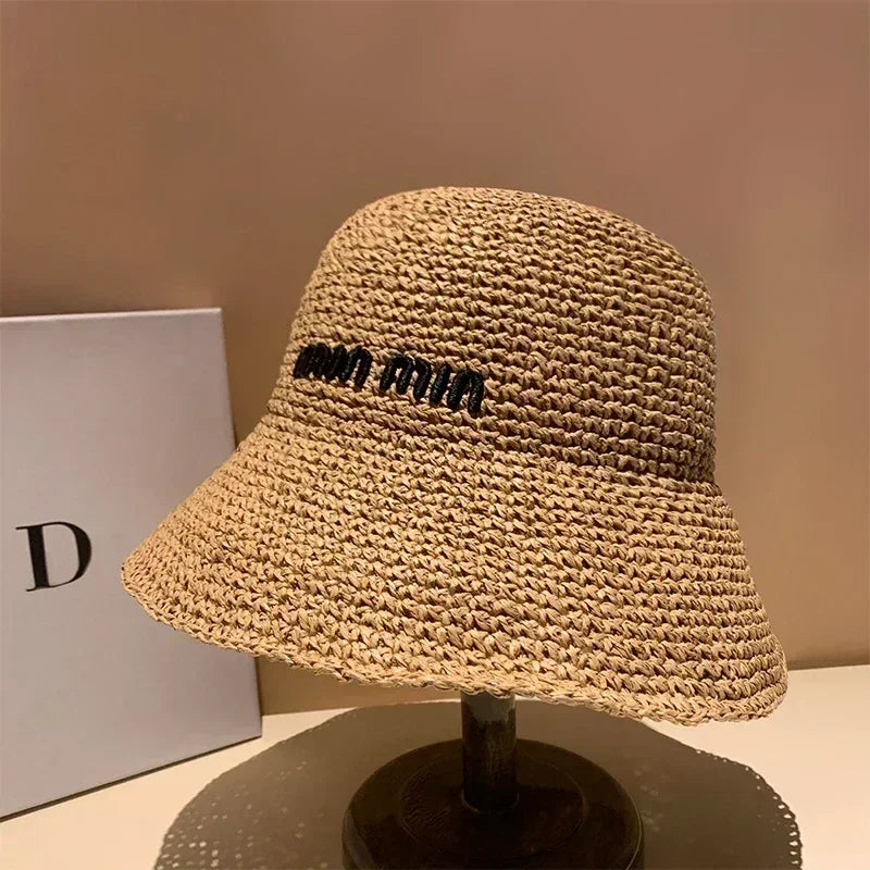 Chapeau de soleil en paille pour femmes 2025, grand bord large, pliable, pour la plage, style créateur, seau coréen pour l'extérieur