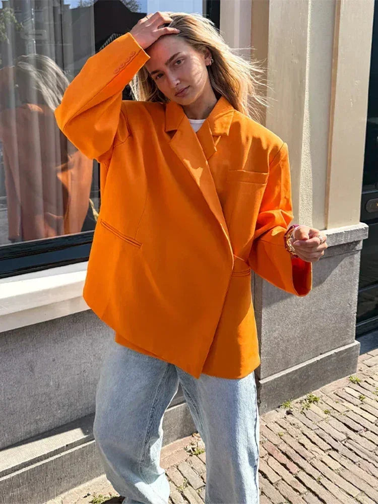 Veste de costume col V boutonnée sur le côté pour femme Manches longues couleur unie Manteaux Poignets poches Hauts oversize Vêtements féminins style urbain