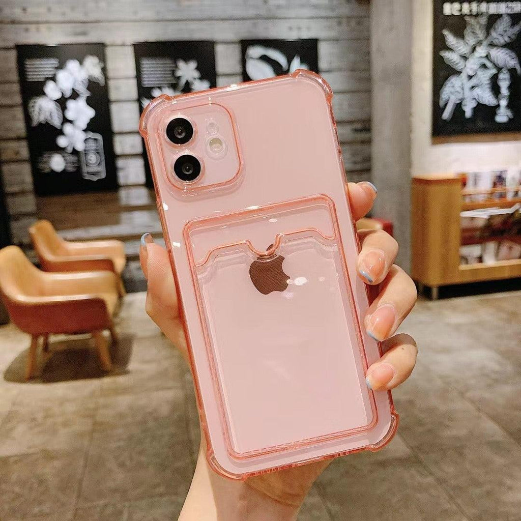 Coque de téléphone pour iPhone 12 13 14 Mini Coque pour iPhone Étui mignon en silicone souple avec porte-cartes Transparent Robuste Housse de protection arrière en cristal transparent avec pare-chocs antichoc