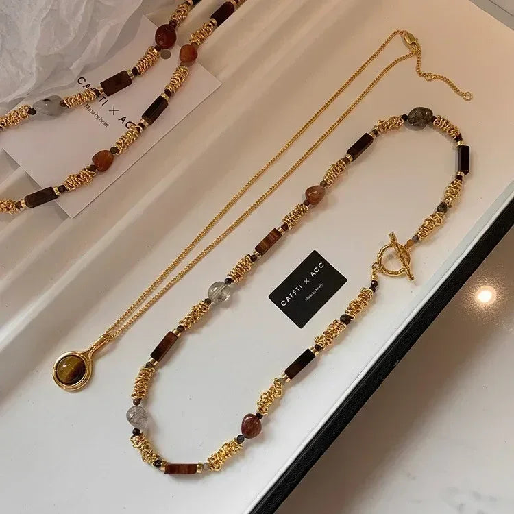 Nouveau collier ras-du-cou double couche en perles, pierres naturelles et métal épissé pour femme, collection automne-hiver