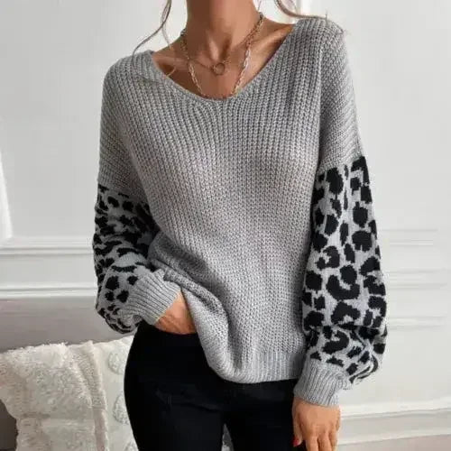 Pull col en V pour femme avec manches imprimé léopard