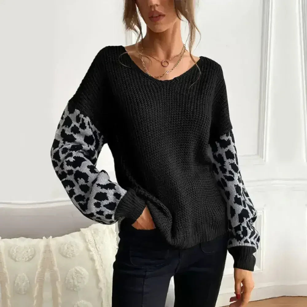 Pull col en V pour femme avec manches imprimé léopard