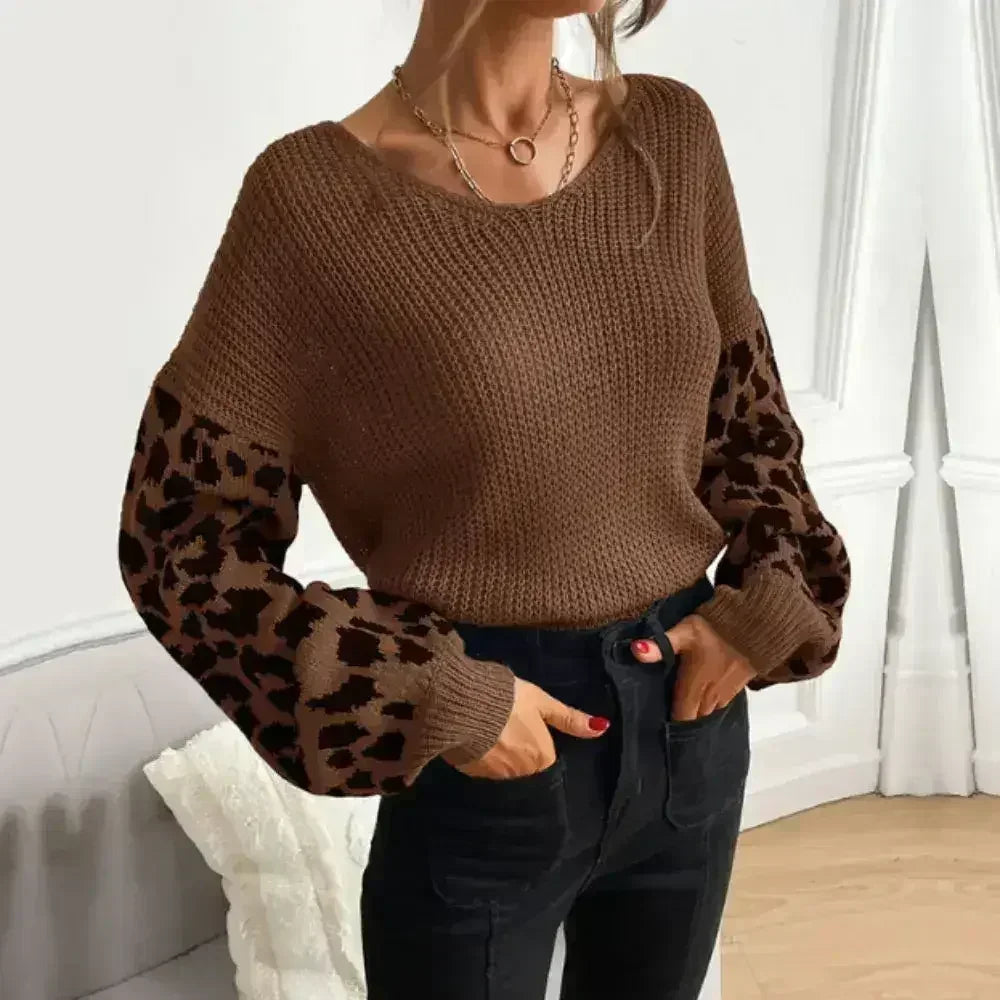 Pull col en V pour femme avec manches imprimé léopard