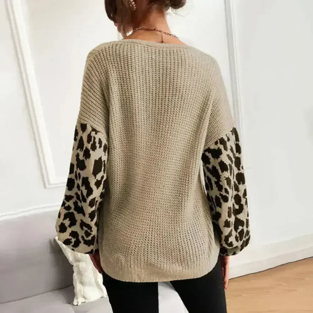 Pull col en V pour femme avec manches imprimé léopard