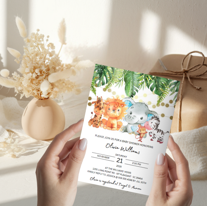 Invitation de baby shower safari – Modèle Canva modifiable