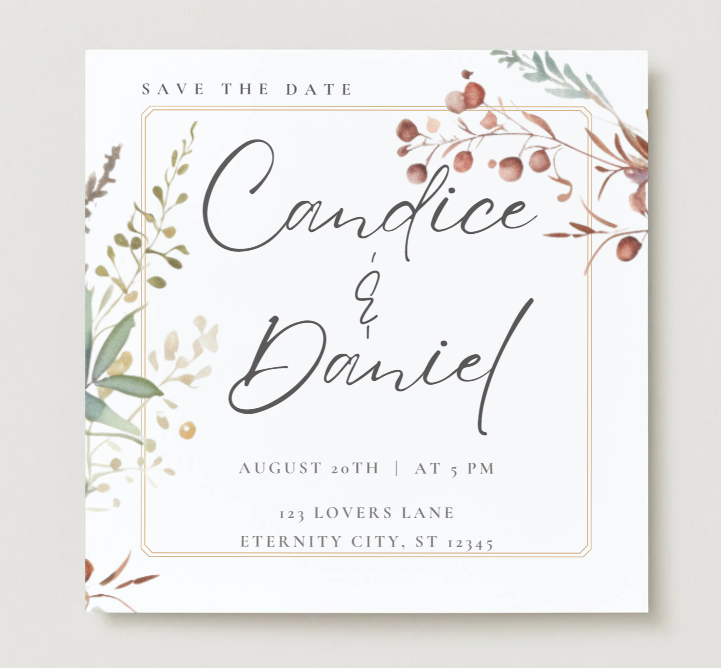 Modèle d'invitation de mariage floral minimaliste – Design Canva carré 5,5” x 5,5”