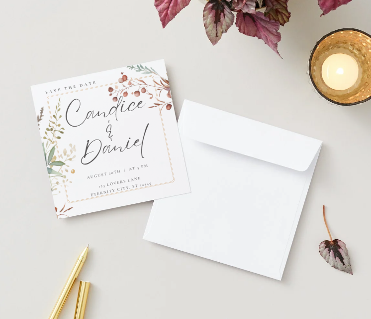 Modèle d'invitation de mariage floral minimaliste – Design Canva carré 5,5” x 5,5”