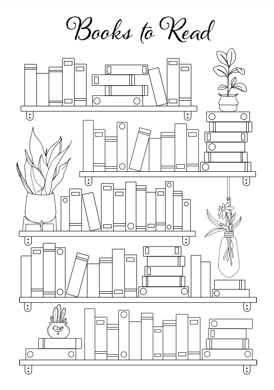 Bookshelf Coloring Pages Bundle – Printable Book Tracker (5 Unique Designs, PDF Download)