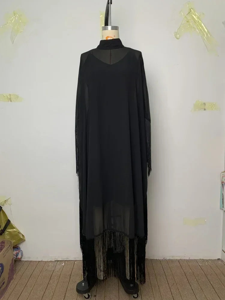 Yeezzi 2025 Nouvelle Mode Printemps Robes de Soirée Transparentes à Franges Femme Manches Chauve-Souris Couleur Unie Col Montant Ensemble Deux Pièces Robe